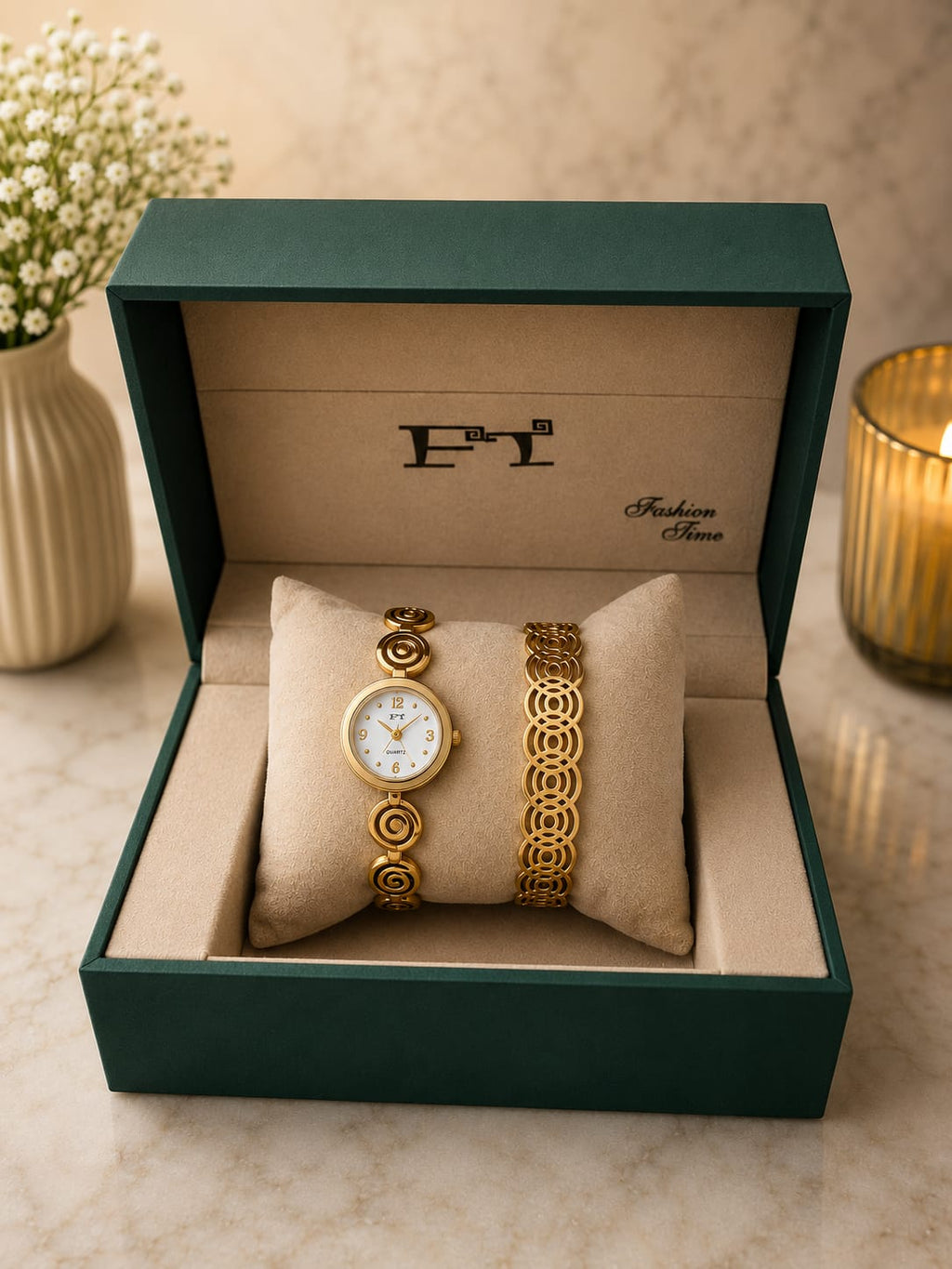 FT Luxury Gift Box Set — Watch, Necklace & Earrings (Set D)