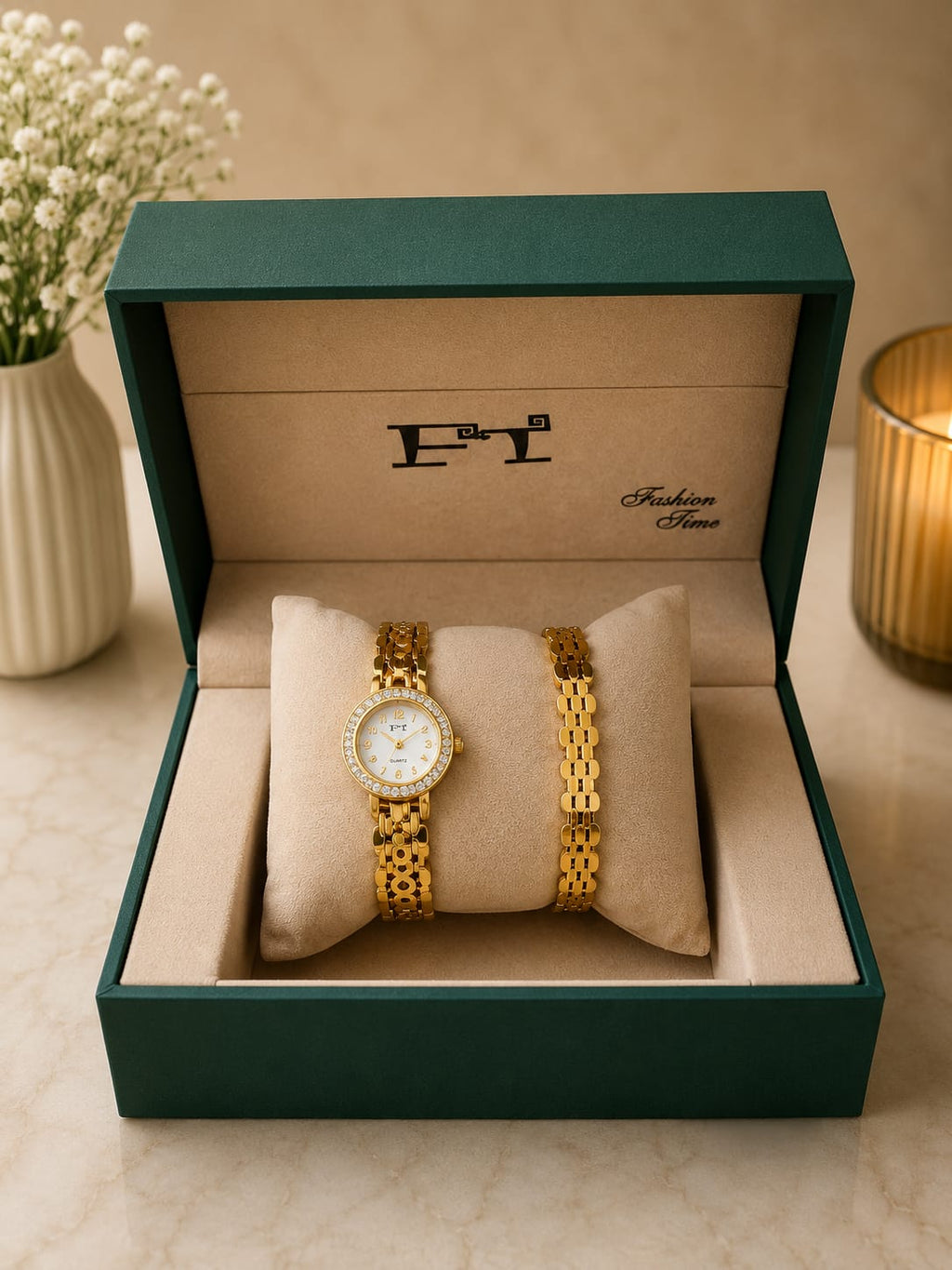 FT Luxury Gift Box Set — Watch, Necklace & Earrings (Set D)